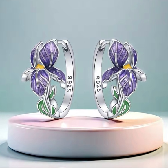 Purple and Silver Iris Flower Earrings - Picture 1 of 5